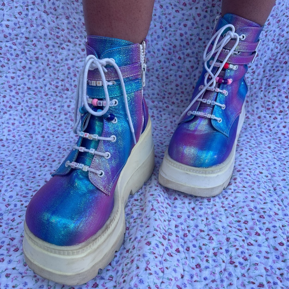Blue and Purple Platform Shoes with Iridescent Finish
